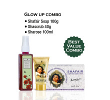 Kit Glow Up Combo — Mydło Shafair Plus + Tonik Sharose Premium wzbogacony daktylami + Peeling do twarzy i ciała Shascrub Plus orzechowy, 100 gramów + 100 ml + 40 gramów